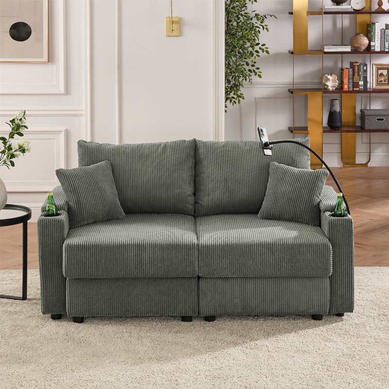 Canapé moderne avec causeuse avec rangement, canapé à assise profonde avec porte-gobelets et porte-téléphone, canapé en velours côtelé beige pour le salon