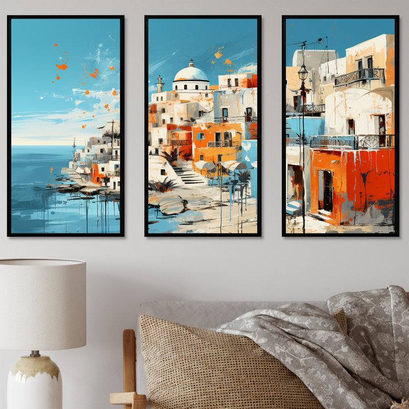 Paysage coloré de la Grèce de Santorin II - Santorini, art mural, H 28 po x l 36 po x P 1 po, Cadre flottant noir
