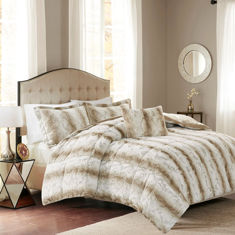 Édredon en fausse fourrure double / grand - rembourrage, 2 taies décoratives, 1 coussin décoratif, couleur sable`` literie de qualité 4 pièces ultra douce`` sable``