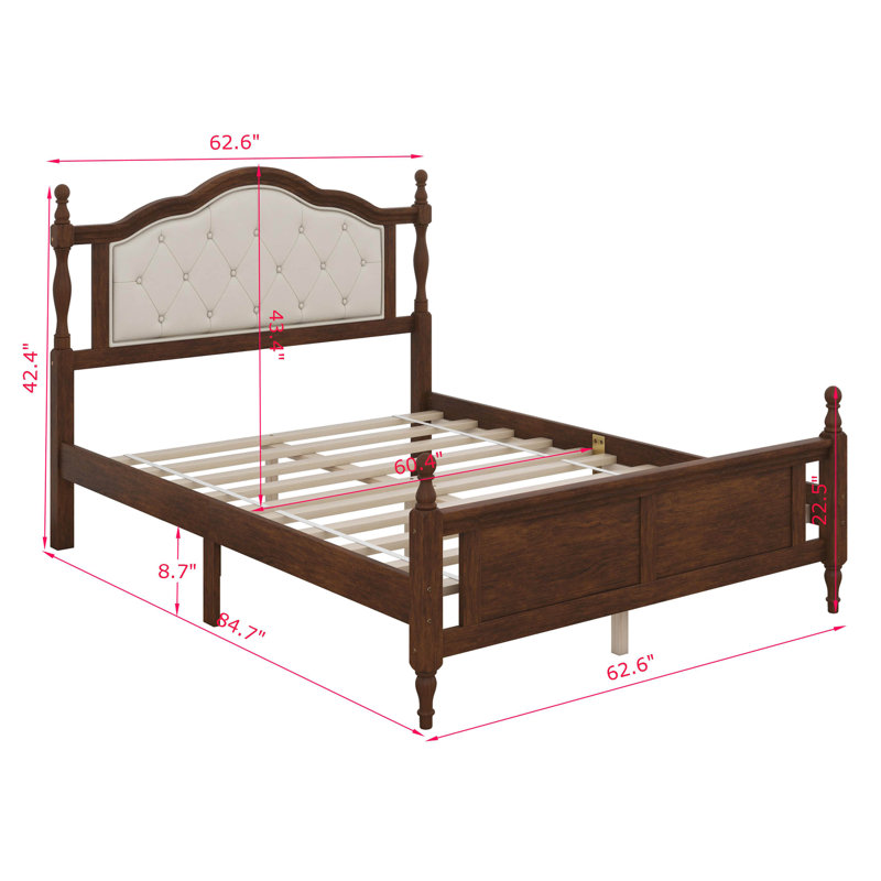Queen Pine Wooden Bed With Upholstered Headboard And Panel Footboard, With Bed Rail Support Feet And Central Platform Support Feet