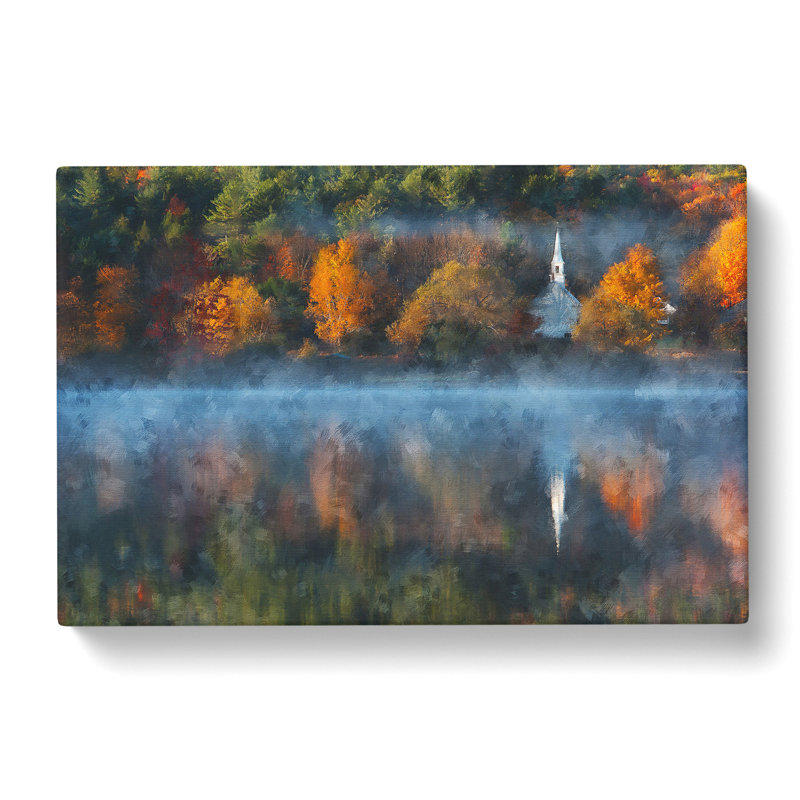 Church & Forest In The Lake Painting - Wrapped Canvas, 50cm H x 76cm W x 3cm D