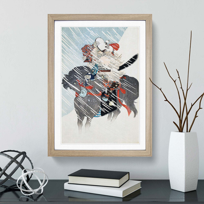 A Warrior in a Snow Storm by Toyohara Chikanobu - Framed Print, 60cm H x 40cm W x 2cm D, Oak