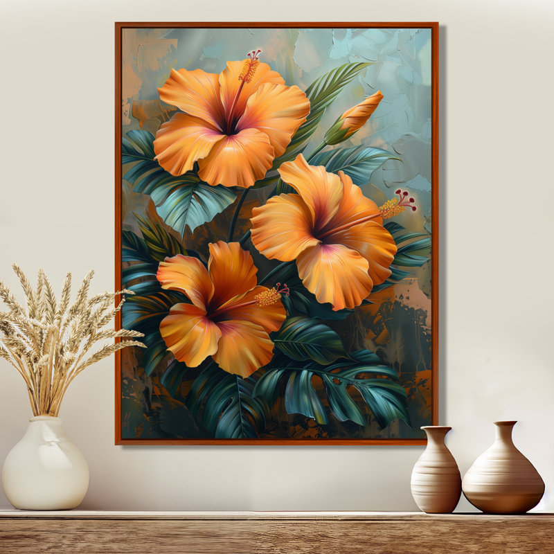 Décoration murale orange, vert et vibrant - Hibiscus, Cadre flottant brun, H 12 po x l 20 po