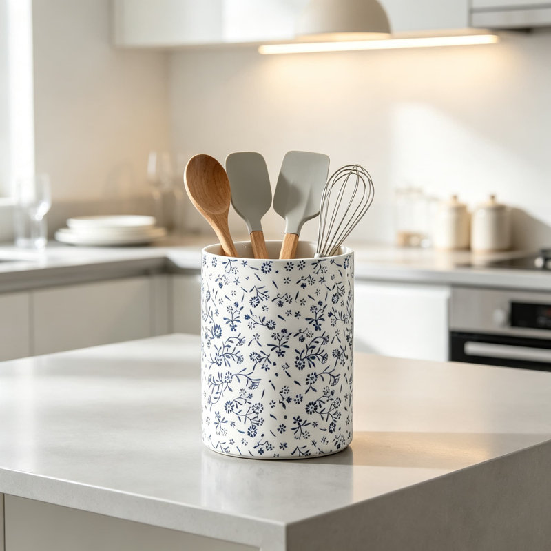 Très grand porte-ustensiles en céramique pour comptoir de cuisine, spatule robuste et organisateur d'ustensiles de cuisine, décor de cuisine rustique d'appartement de campagne, pot résistant aux ébréchures pour les louches, les cuillères et les pinces