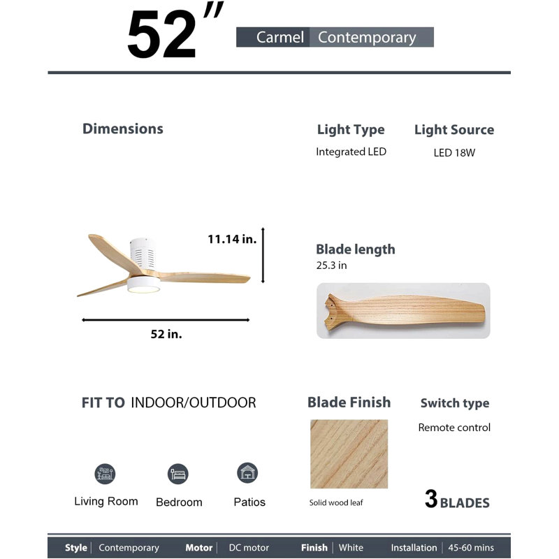 Ventilateur de plafond encastré de 52 pouces avec lumière DEL et télécommande, Naturel, Blanc