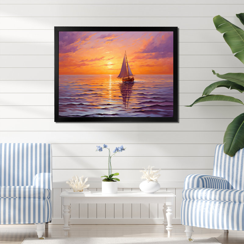Voilier naviguant au coucher du soleil II - Bateau à voile, art mural, Cadre simple noir, H 12 po x l 20 po x P 1 po