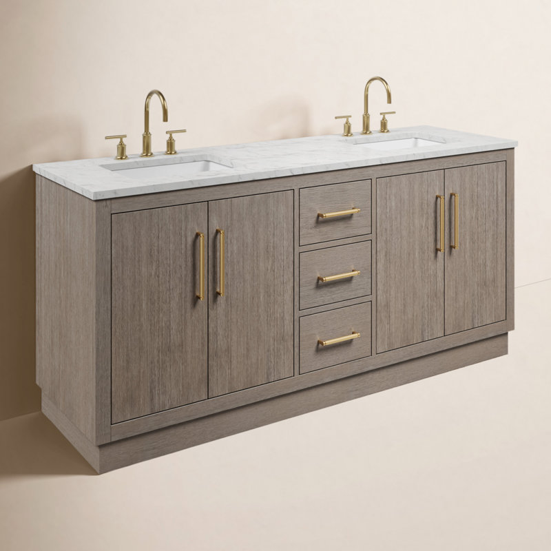 Meuble-lavabo de comptoir en marbre blanc de 60 po en chêne gris avec robinet Hunner, H 34,3 po x l 72 po x P 22 po