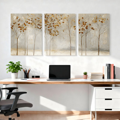 Ensemble de 3 toiles abstraites représentant un paysage d'automne, idéales pour décorer un salon, une chambre ou toute autre pièce de la maison.