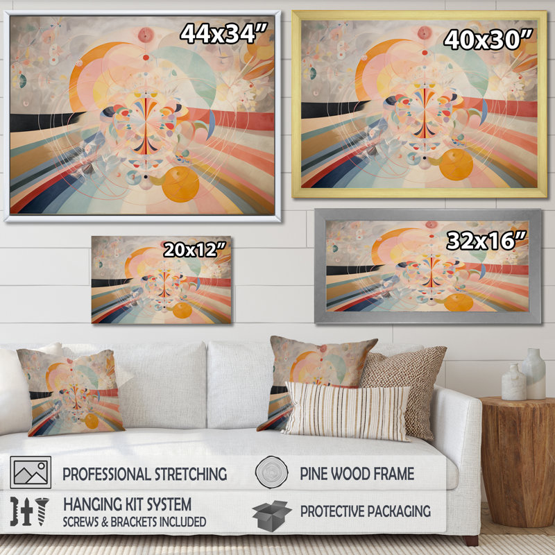Cosmic Birth Radiance Retro Pastel I - Abstract Spirals Canvas Art Print, Silver Single Picture Framed, 12" H x 20" W x 1" D