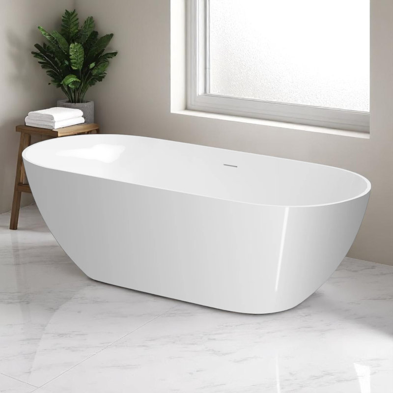 Baignoire de trempage autoportante en résine 63 po x 29,5 po, Blanc lustré
