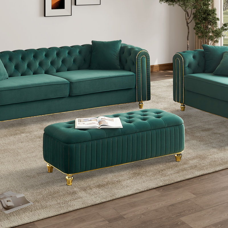 Upholstered Velvet Storage Bench With Deep Tufted Surface And Safety Hinges, Green