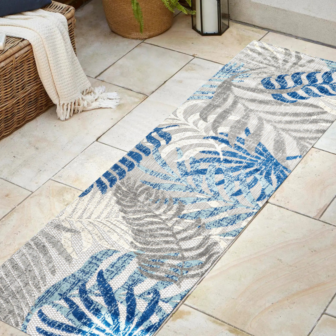 Mandalay Tropics Palm Leaves Gray/Blue Indoor/Outdoor Rug Bayou Breeze Rug 