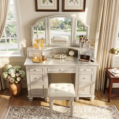 47.25" Traditional Silver Vanity Table Set with Tri-Fold 3-Panel Mirror 9 Storage Drawers Upholstered Stool Classic Makeup Dressing Desk with Bun Feet for Bedroom