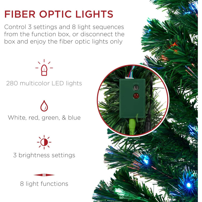 Arbre de Noël artificiel en fibre de pin pré-éclairé avec lumières DEL multicolores, 8 pièces, support pliable, 7'