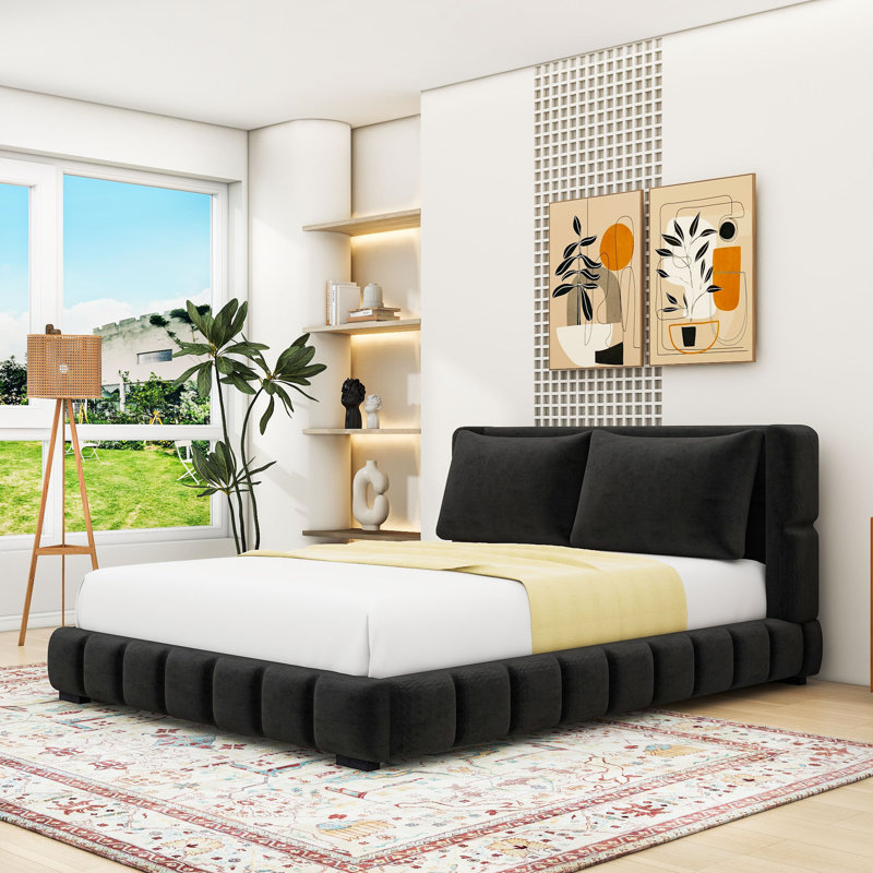 Lit plateforme tapissier avec 2 coussins et tête de lit, Noir, Grand lit