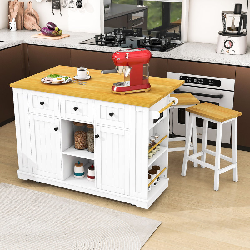 Kitchen Island with 2 Matching Bar Stools, Built-in Outlets and Ample Storage, White