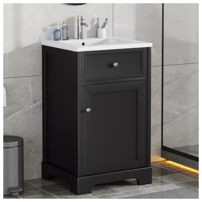 Meuble-lavabo noir de 20 po avec lavabo, petite armoire de salle de bain avec porte à fermeture douce, support de rangement et tablette réglable