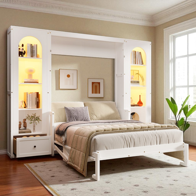 Grand lit escamotable avec rangement et lumière DEL, Blanc