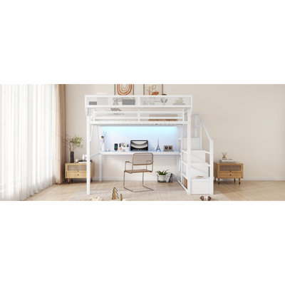 Grand lit mezzanine avec bureau et station de charge, grand lit mezzanine en métal avec escaliers et lumière pour enfants adolescents, blanc (ancien SKU W2580S00033)