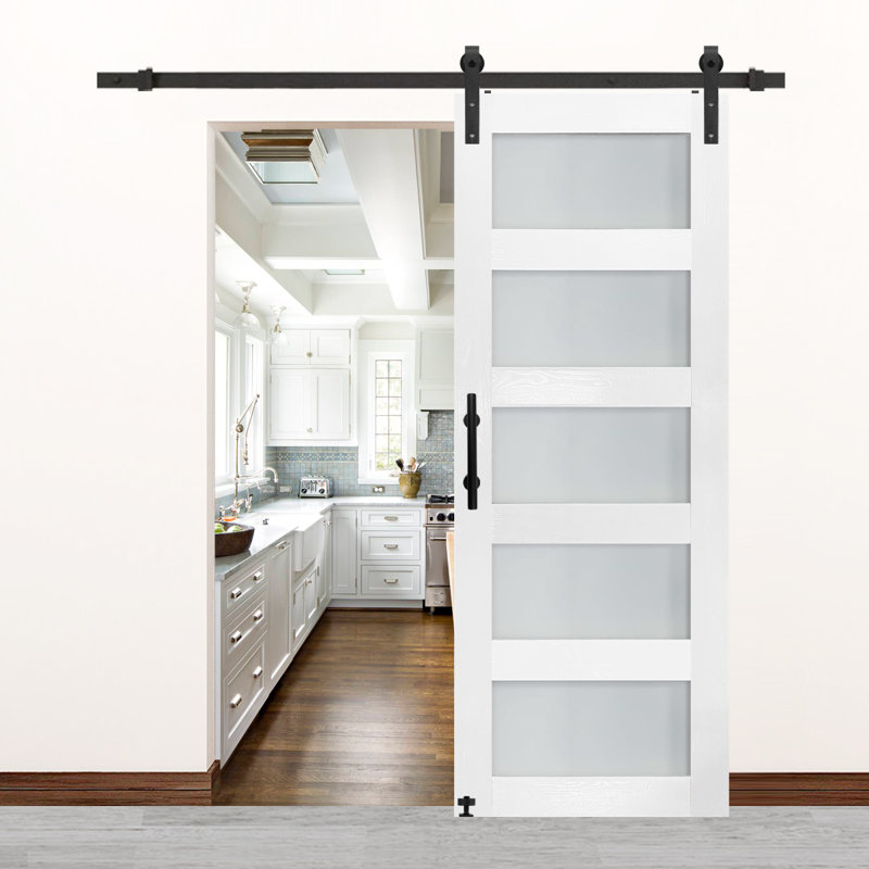 Glass Sliding MDF Barn Sliding Door Hardware Kit, Tempered Frosted Glass, Simple DIY Assembly, 32" x 84"