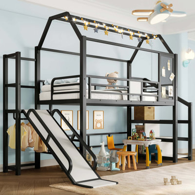 Lit mezzanine simple avec glissade et escalier, lit de jeu en métal avec tablettes de rangement, toit en forme de maison et conception silencieuse