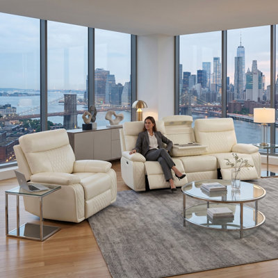Arvella White Vegan Leather   Reclining  Sofa With Cup-Holders ,Wireless Charging And LED Lights