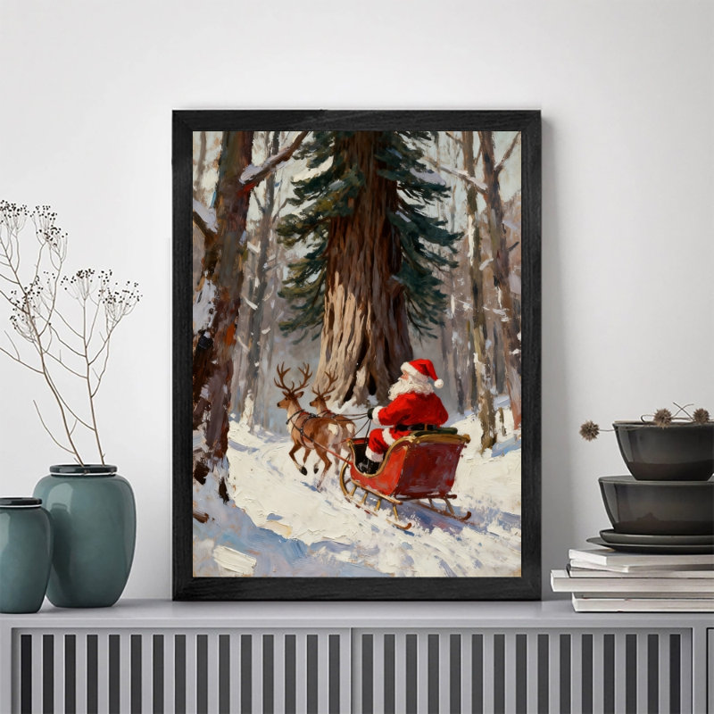 Père Noël noir encadré noir chevauchant un traîneau dans la forêt enneigée, reproductions d'art encadrées, H 25 po x l 17 po