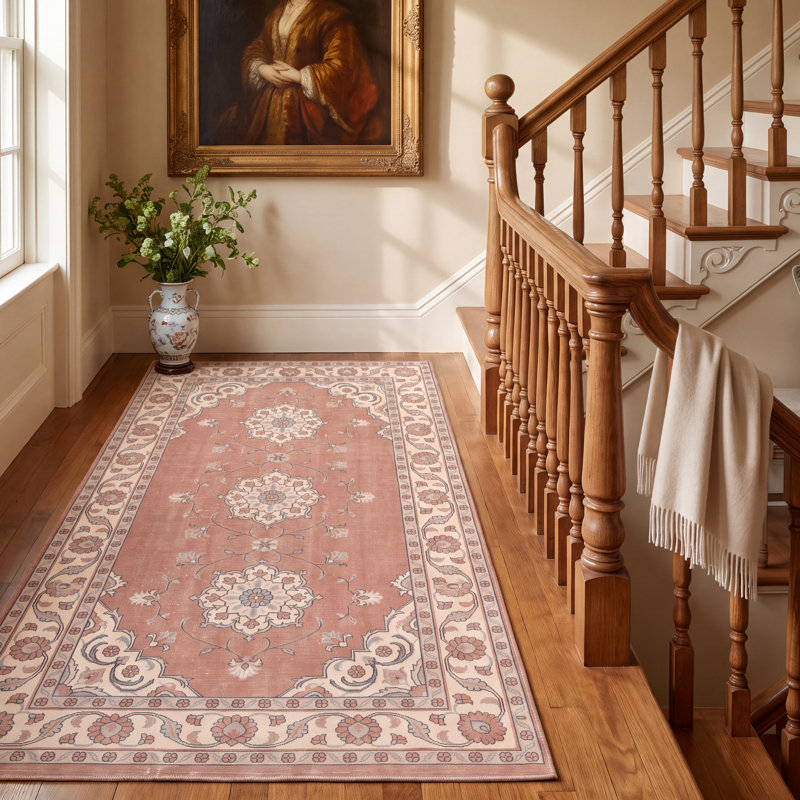 Tapis traditionnel persan à médaillon Lagoon, couleur orange, ivoire, or, vert et gris, lavable à la machine, antidérapant, à poils courts, idéal pour l'intérieur et l'extérieur, adapté aux animaux domestiques, pour salon, chambre, salle à manger, entrée, couloir, bureau.