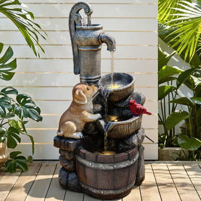 Fontaine d'eau pastorale 30 "avec lumières à DEL, chiot et oiseau rouge, deux bols et cascade décorative en cascade, élément extérieur en résine résistant aux intempéries à 3 niveaux
