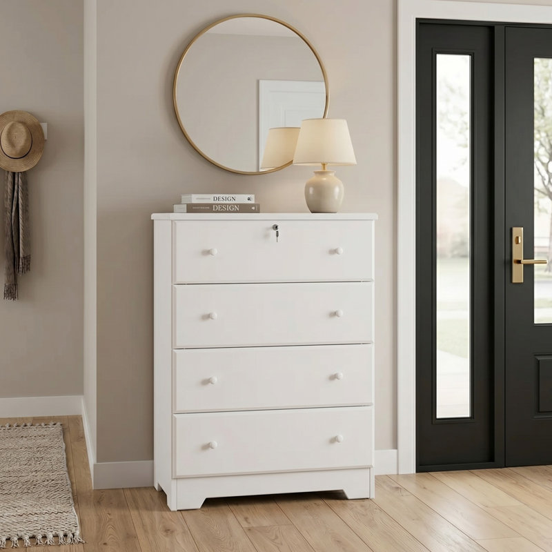 Commode 4 tiroirs en bois massif Raiqa, Blanc