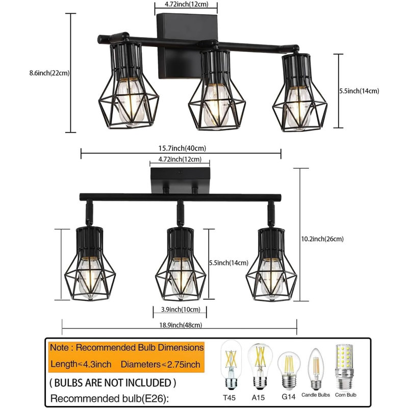 Applique murale rétro industrielle avec cage en fil métallique, luminaire de meuble-lavabo 3 lumières pour salle de bain, salon, chambre à coucher, couloir et cuisine