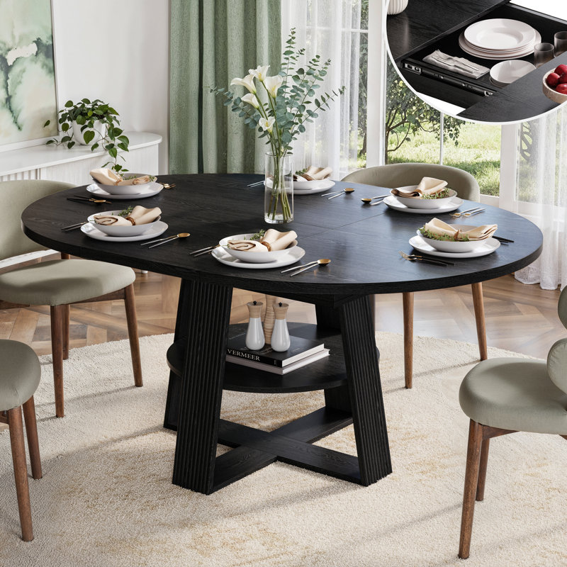 Table de salle à manger extensible cannelée ovale 43 "à 59" avec tablette de rangement, noyer noir, sièges 4 à 8, Noir