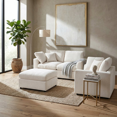 U-Style 3-Piece Modular Sofa Set, 2-Seater + 1-Seater + Movable Ottoman, Chenille Upholstered Couch with Solid Wood Frame, Includes 2 Throw Pillows, M
