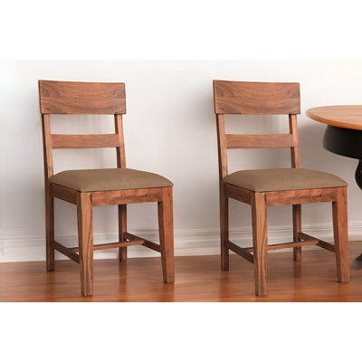 Set of Two Brown Upholstered Fabric Slat Back Dining Side Chairs