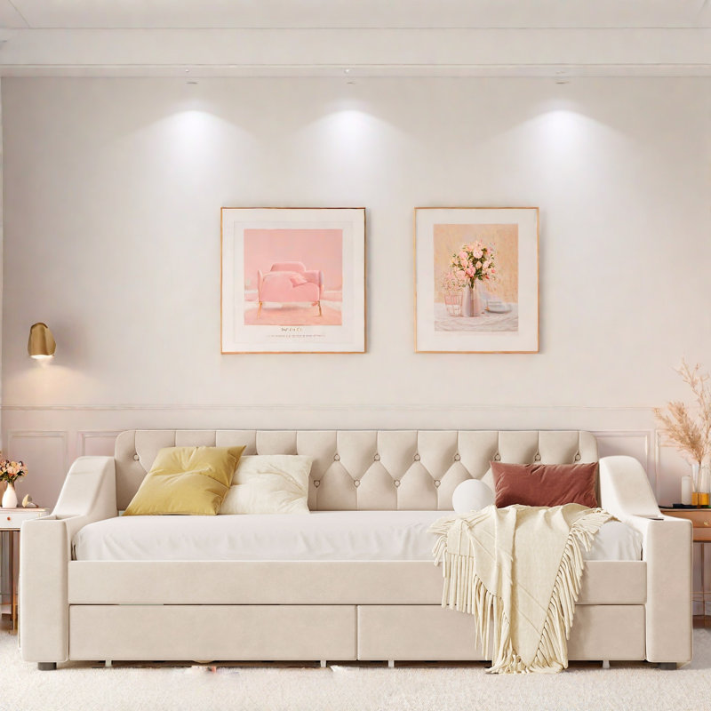Upholstered Daybed With Storage Armrests, Usb Ports, Side Pockets, 2 Drawers And Button Tufted Design, Beige