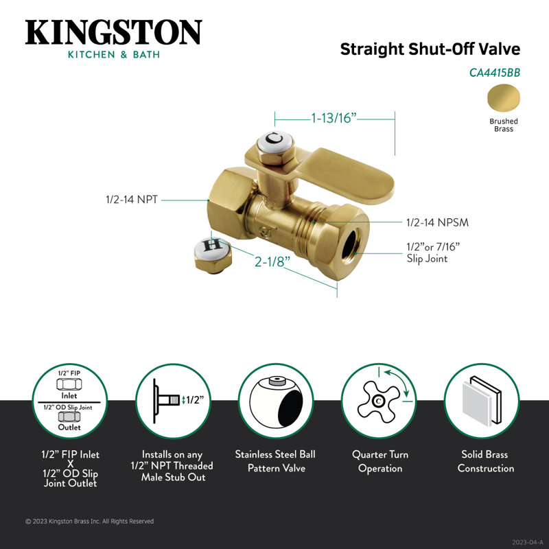 Kingston Brass Whitaker 1/2-Inch FIP x 1/2 or 7/16-Inch Slip Joint Quarter-Turn Straight Stop Valve, Brushed Brass