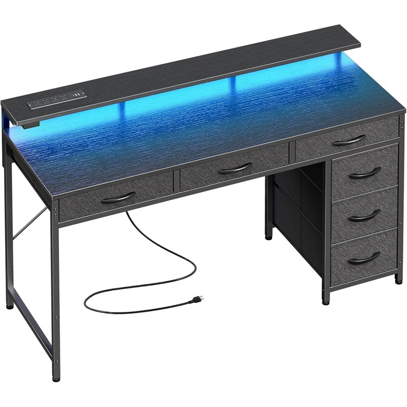 Bureau de jeu avec 6 tiroirs, bureau d'ordinateur avec prises de courant à DEL et type-c