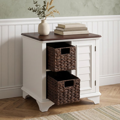 Wood End Table with Louvered Cabinet Door, Shelf and Handwoven Grass Baskets