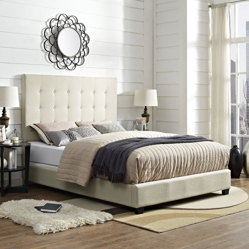 Upholstered Wingback Bed, King, Crème Linen