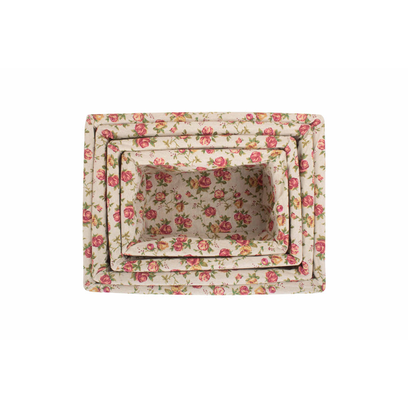 4 Piece Wicker Storage Basket Set with Garden Rose Lining, White