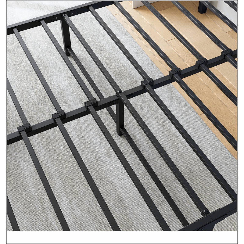 Base de lit plateforme avec tête de lit en bois et lattes en métal robuste, Double
