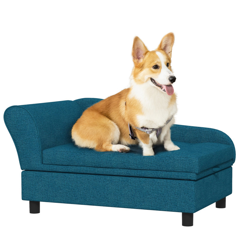 Blue Velvet Elevated Pet Sofa with Hidden Storage