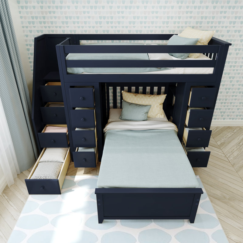 Gannon Kids Twin L-Shaped Bunk Bed with Drawers, Blue