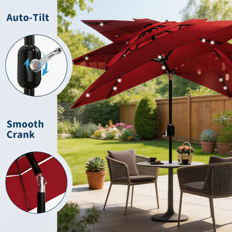 Parasol solaire à 3 niveaux avec lumières DEL et évents, Rouge