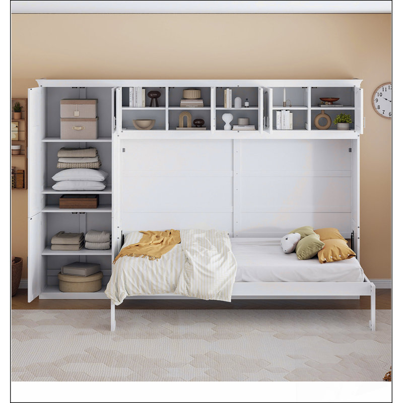 Grand lit escamotable mural avec armoires, grand, Blanc