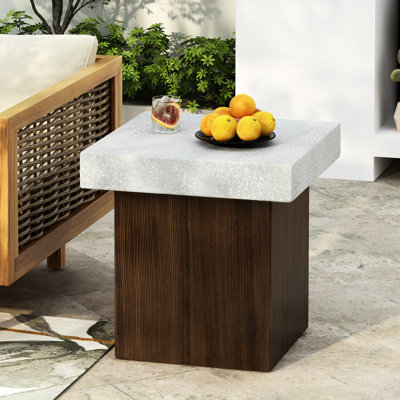 Table d'appoint carrée, plateau blanc antique avec base naturelle et conception de table météo, naturel