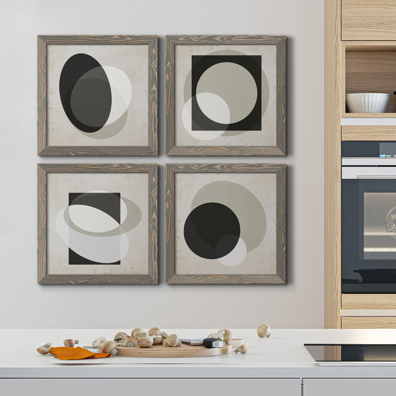 Moderniste Neutre I - ensemble de 4 peintures sur toile encadrées, H 27,5 po x l 110 po x P 1,5 po, Toile avec cadre gris
