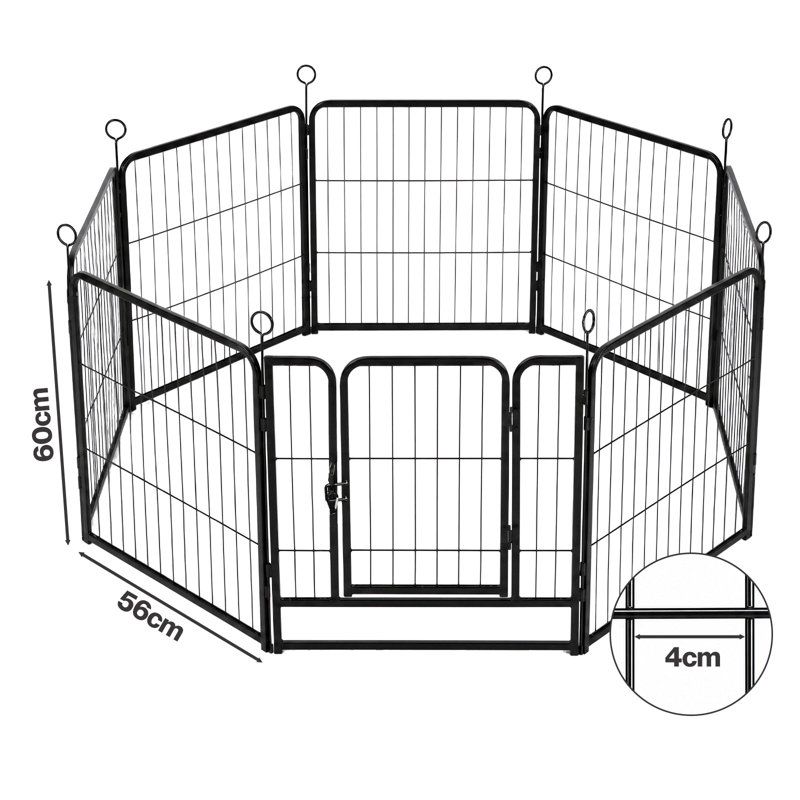Dog Pen 8 Pcs Steel 60cm Foldable Indoor Outdoor Pet Enclosure Black, 60cm H x 56cm W x 1cm D