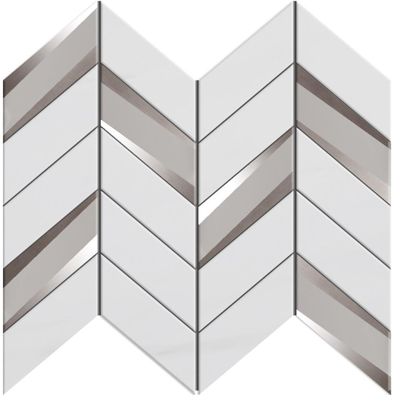 Carreau de mosaïque murale à chevrons en marbre 2 po x 5 po Vena, Argent / blanc