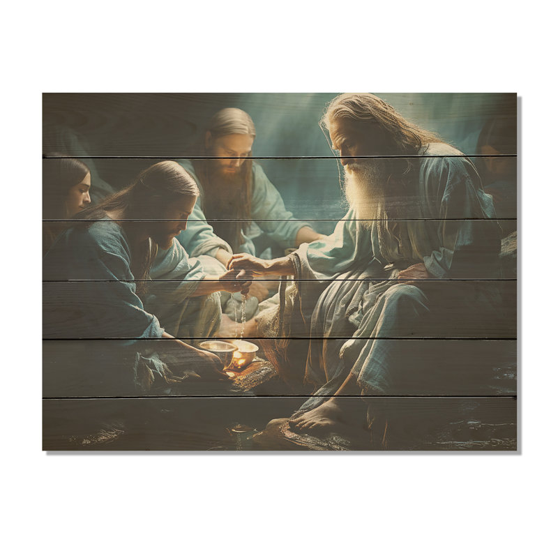 Jésus lavant ses pieds de disciples - Christianisme, art mural sur bois de pin naturel, H 24 po x l 32 po